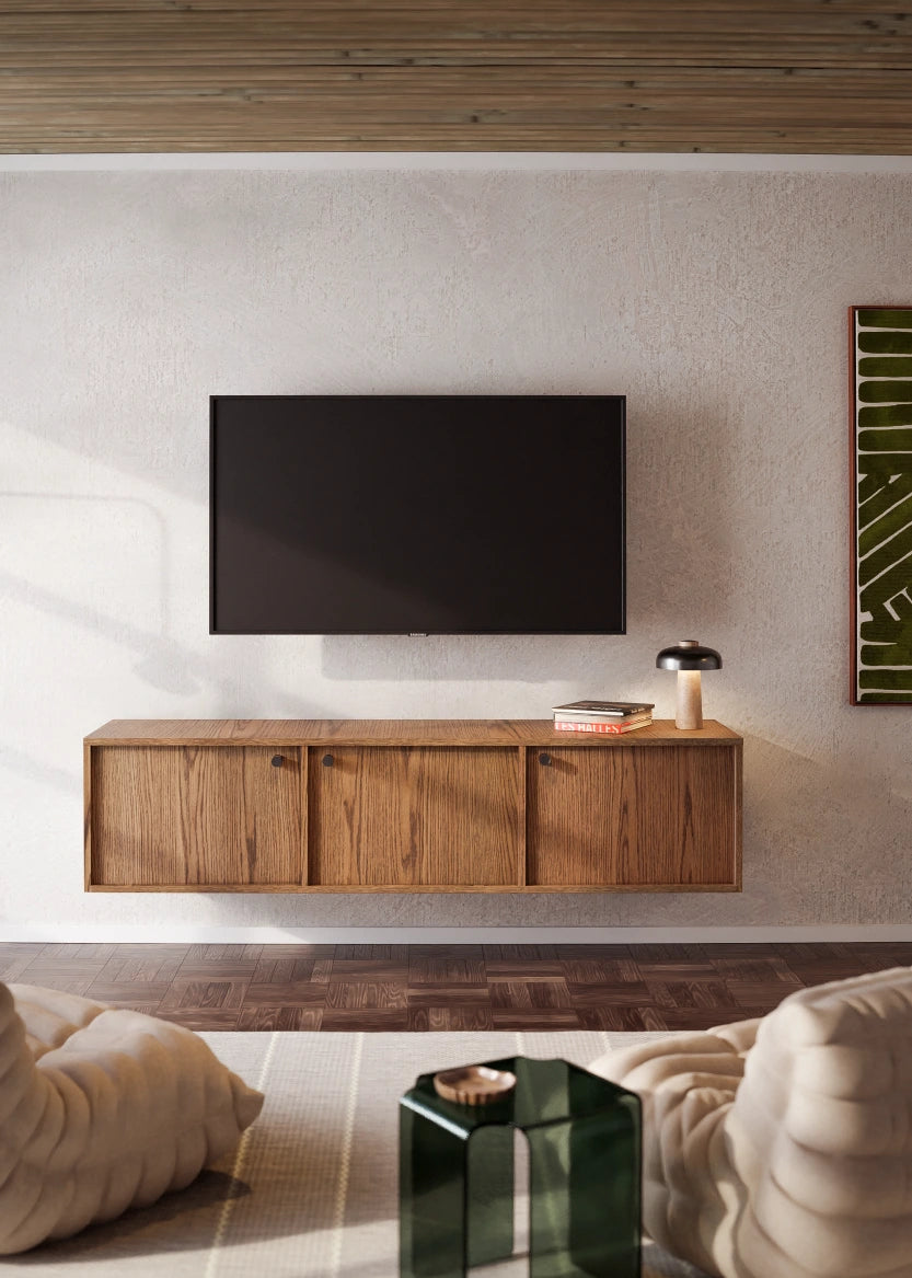 TV bench 166x44 - Flat Oak Brown - with drawers or doors that open upwards + strip